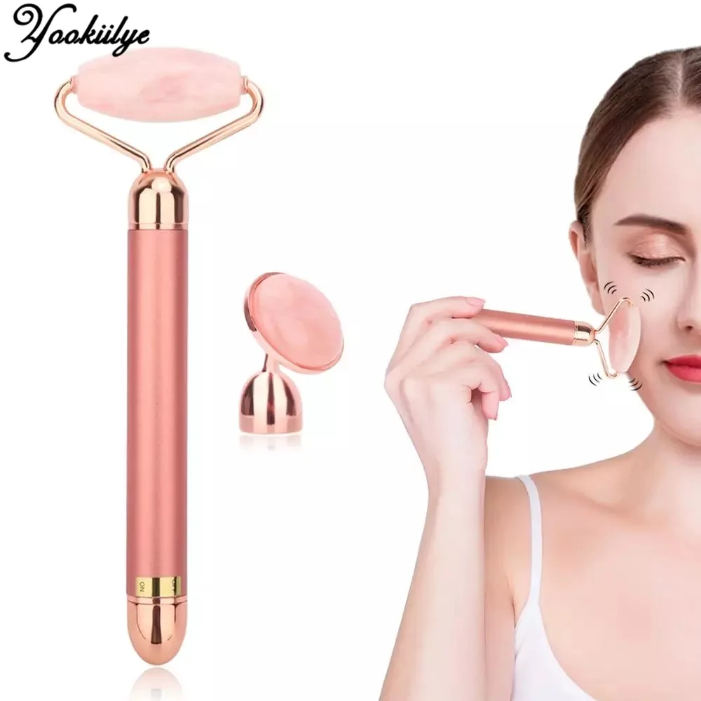 

Электрический Вибрационный натуральный розовый кварц нефритовый ролик для лифтинга лица Нефритовый камень для лица Вибрационный массажер...