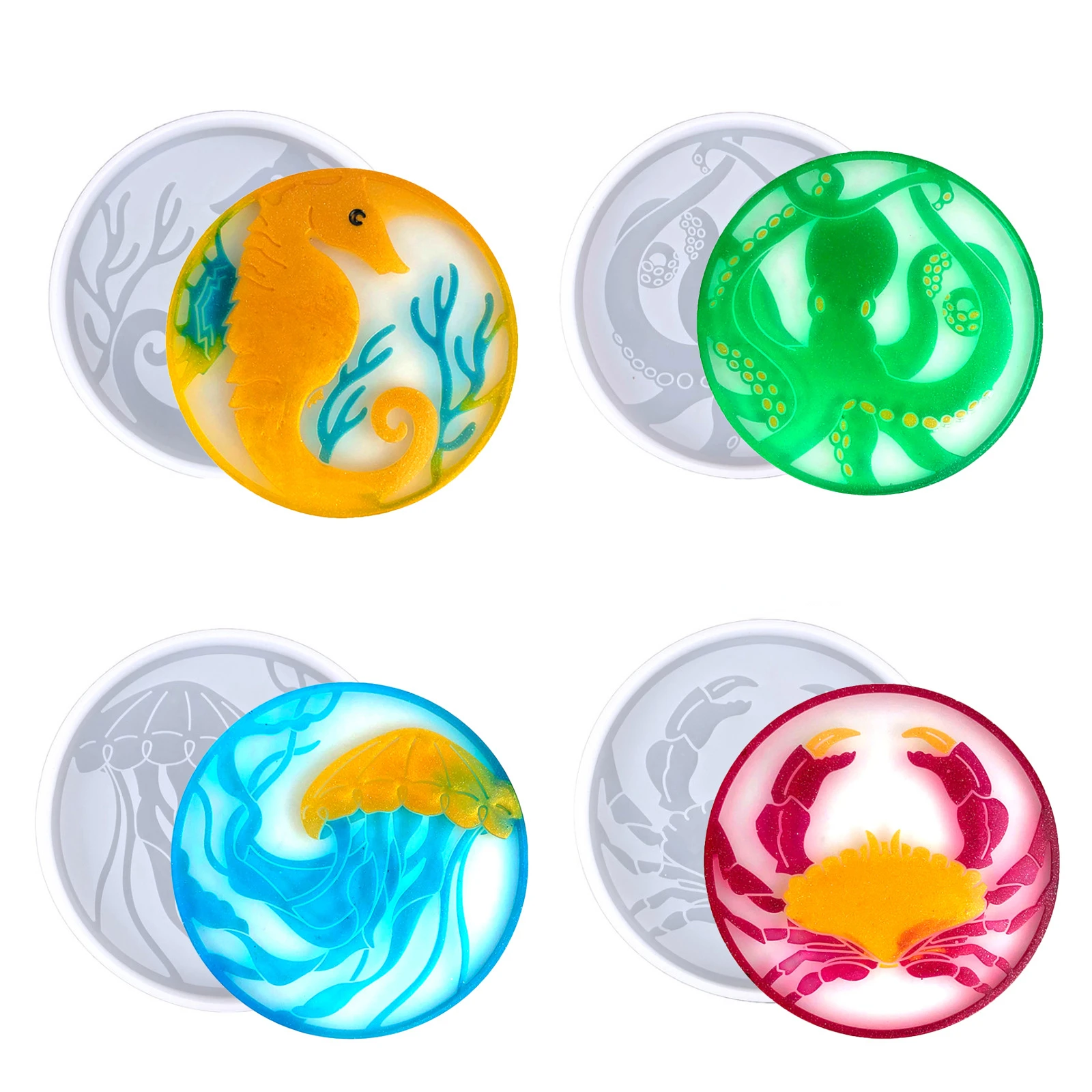 

Round Ocean Coaster Epoxy Resin Mold DIY Coffee Mat Water Coaster Octopus Seahorse Crab Coaster Silicone Mold