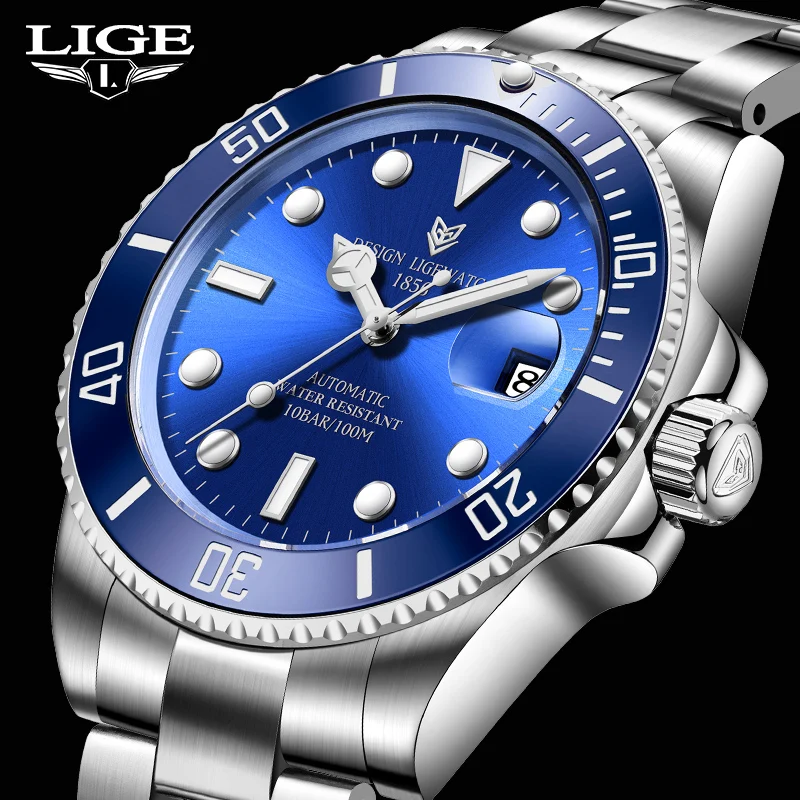 LIGE DESIGN New Business Men Mechanical Wristwatches 100M Waterproof Watches Stainless Steel Luminous Clock relogio masculino