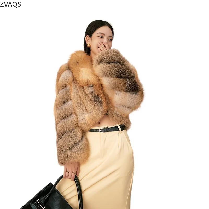 ZVAQS Пальто из натурального золотой лисы Женская модная короткая меховая куртка
