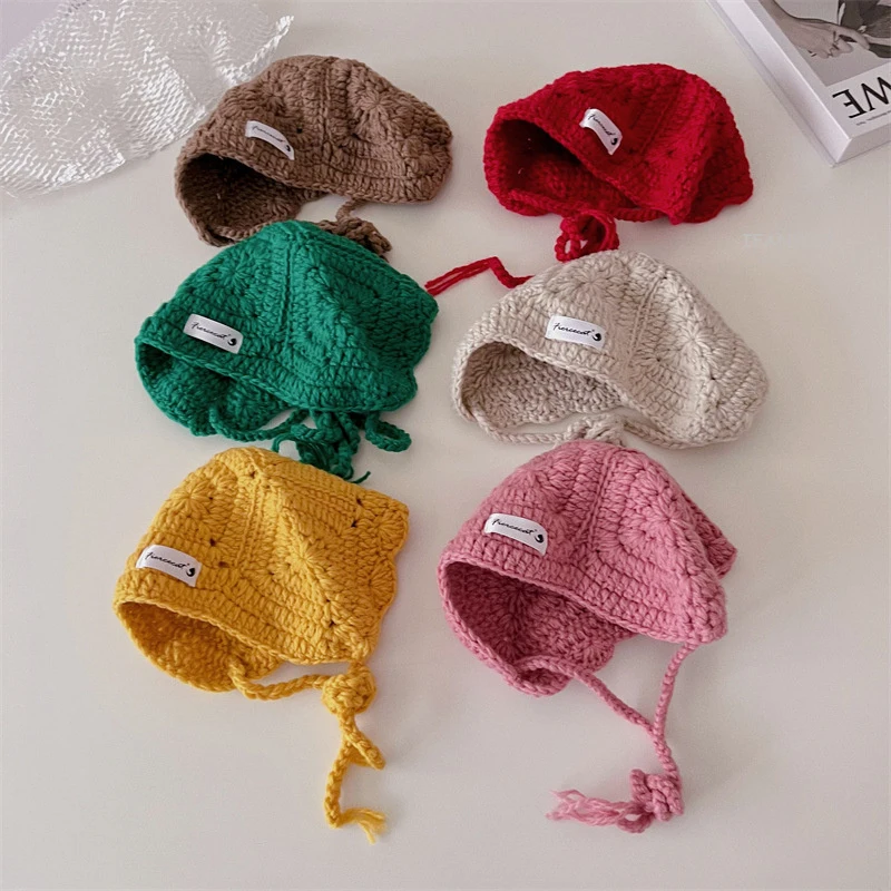 

Милая детская осенне-зимняя шапочка для мальчиков и девочек, однотонная детская шапочка со шнуровкой, шапки для новорожденных
