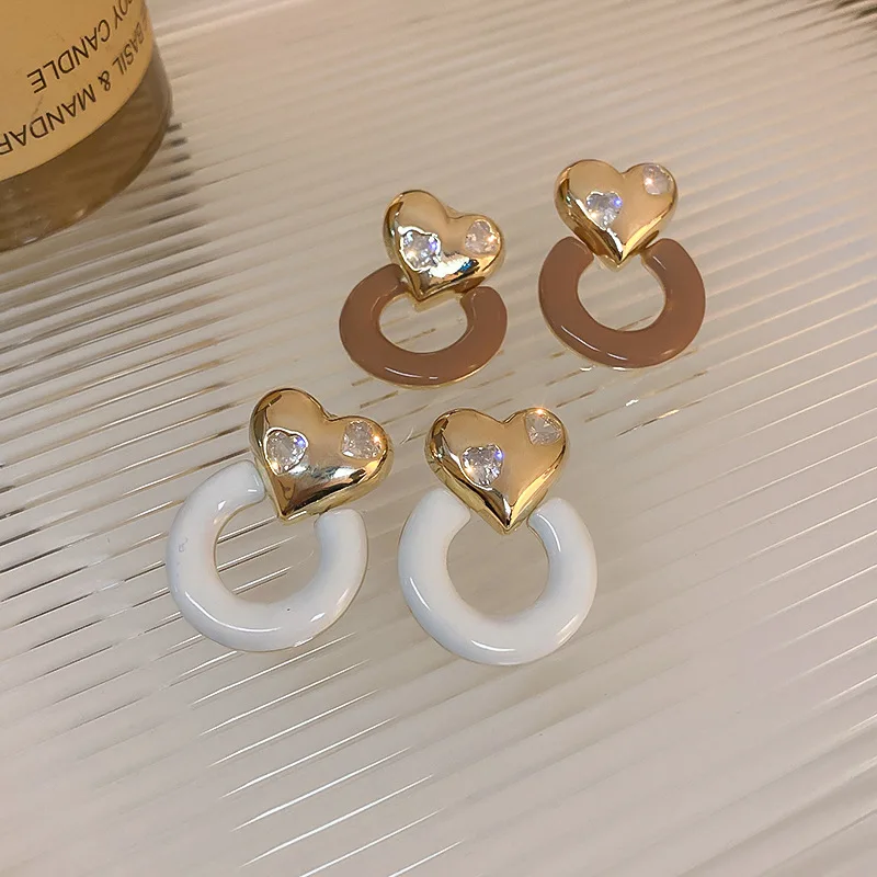 

Real Gold Electroplated Silver Needle Zircon Stud Earrings Simple Heart Drop Oil round Ring Earrings Fashion Earrings for Women
