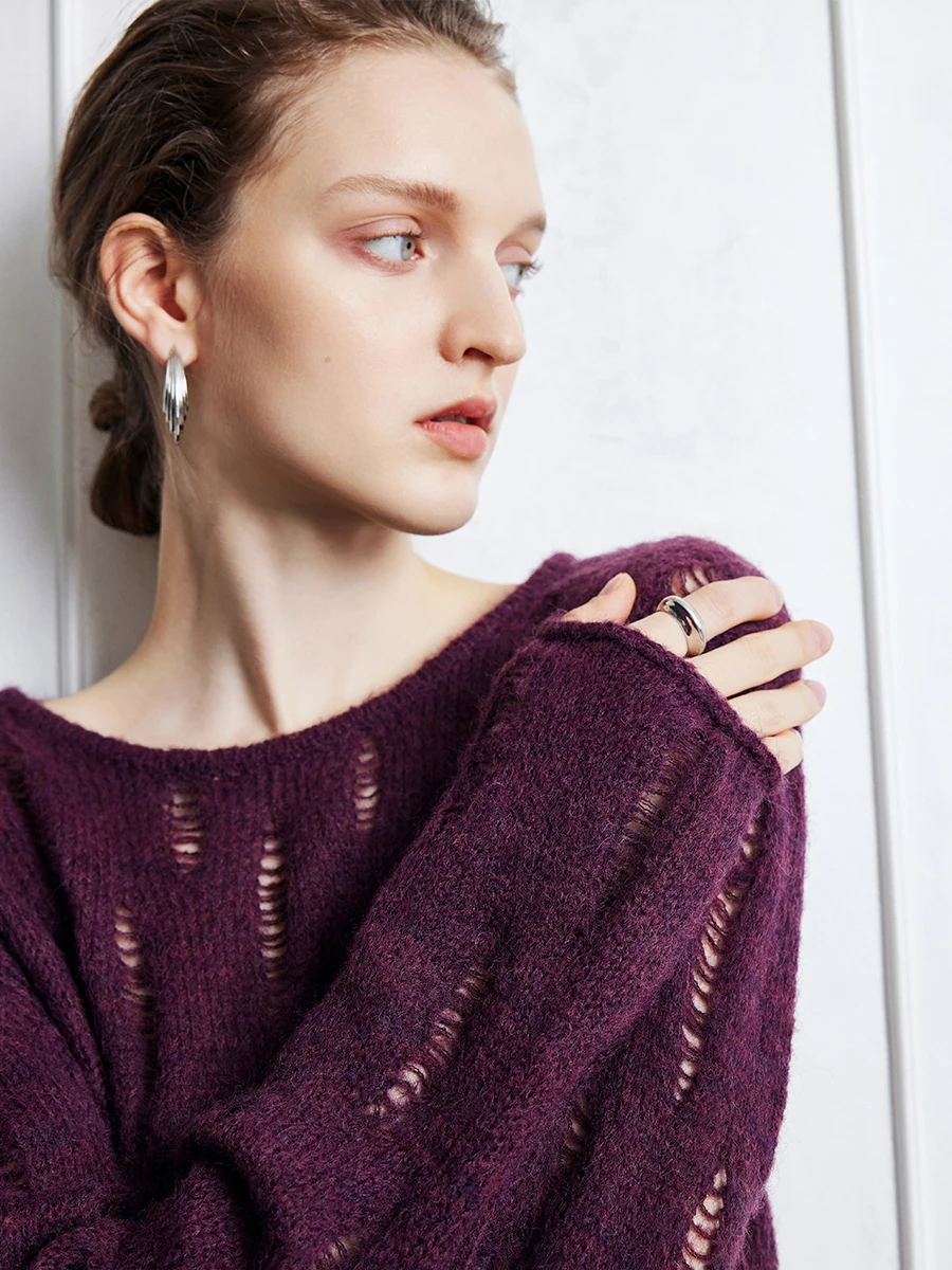 Oz Kingdom Повседневный свободный вязаный свитер двух цветов с отверстиями из