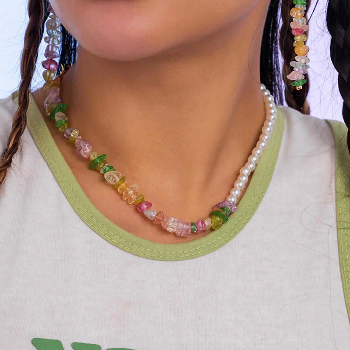 

Trendy Rainbow Geometric Stones Beaded Handmade Pearls Necklace for Women Bridal Wedding Bohemia Beach Party Jewelry