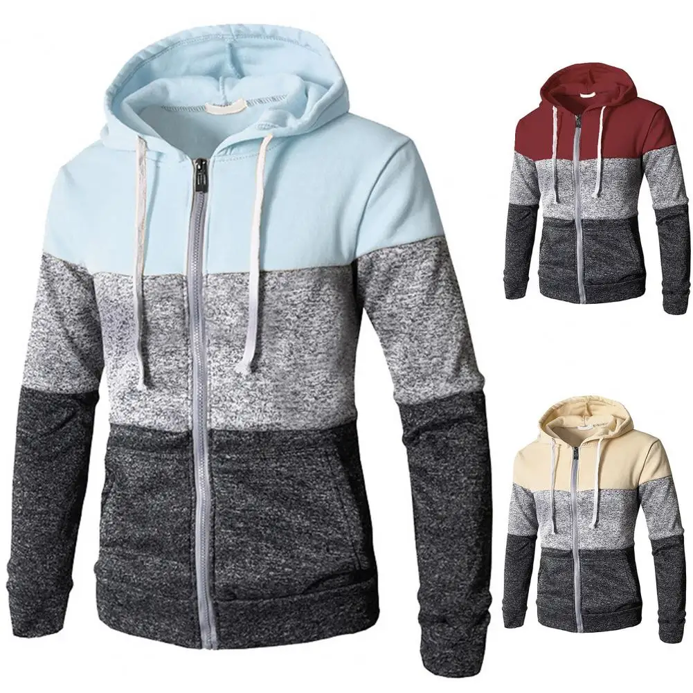 

Men Hoody Sweatercoat Contrast Color Long Sleeve Elastic Band Men Zip Up Casual Elastic Sweater for Jogger Male Clothing