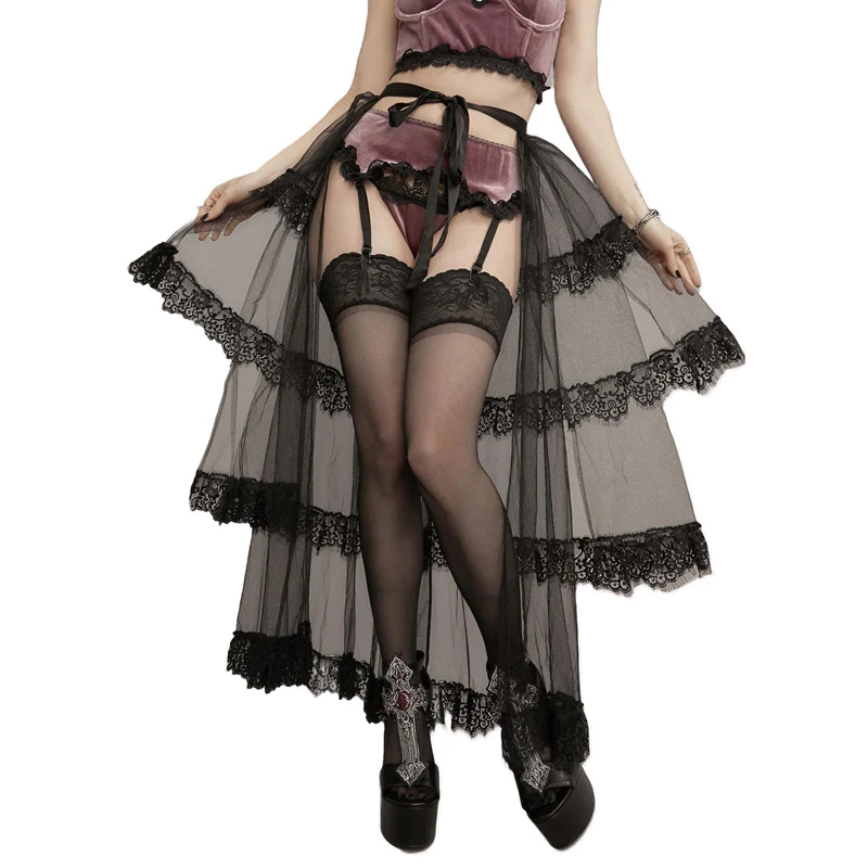 

Women Prom Wedding Sexy Skirts Layered Mesh Lace Ruffle Summer Dance See Through Drawstring Lace Long Skirt Female Fashion New
