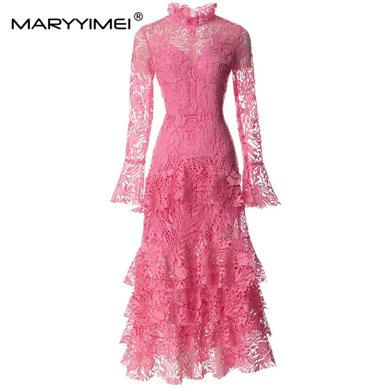 

Новинка, Осеннее модное женское платье MARYYIMEI, кружевные платья с расклешенным рукавом и многослойными оборками, праздничное платье с воротником-стойкой