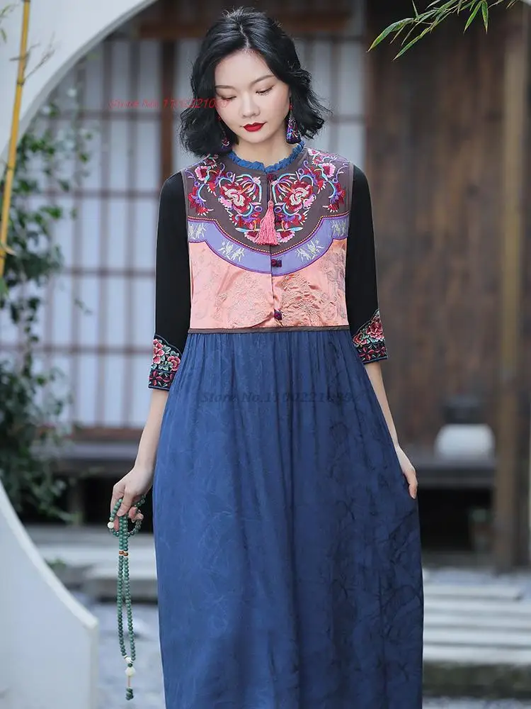 2023 chinese traditional hanfu dress national flower embroidery sundress vintage patchwork sleeveless dress oriental folk dress