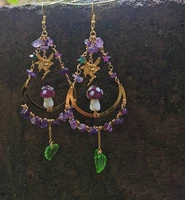purple mushroom standing on moon with leafamythest moon earringscottagecore jewelrywitchy earringsboho