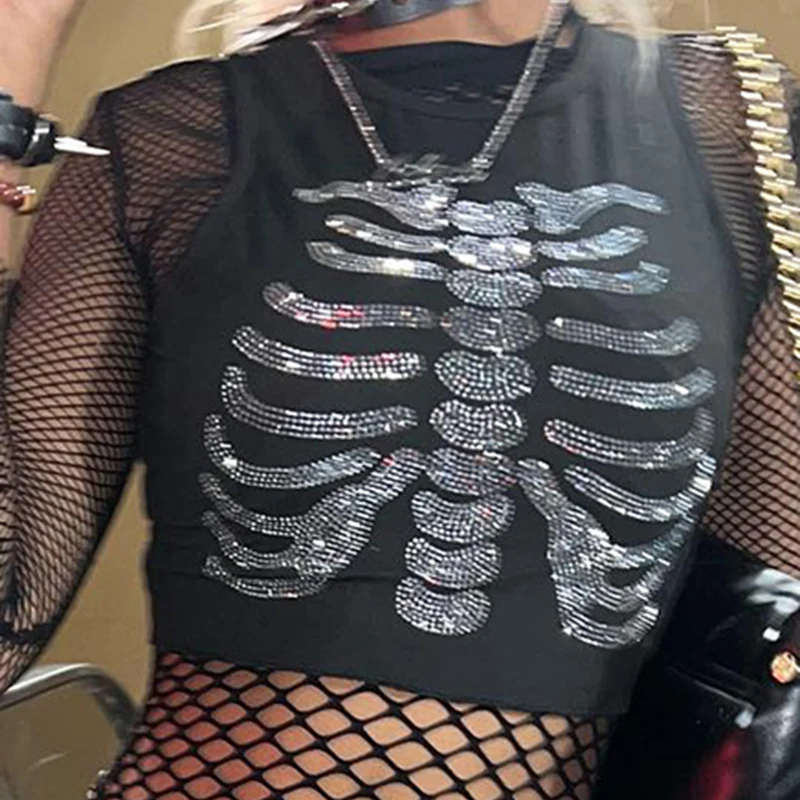 

Y2k Summer Women Rhinestone Skull Print Tank Top 00s Vintage Sleeveless Ruched Mini Crop Top Sexy Nightclub Party Streetwear