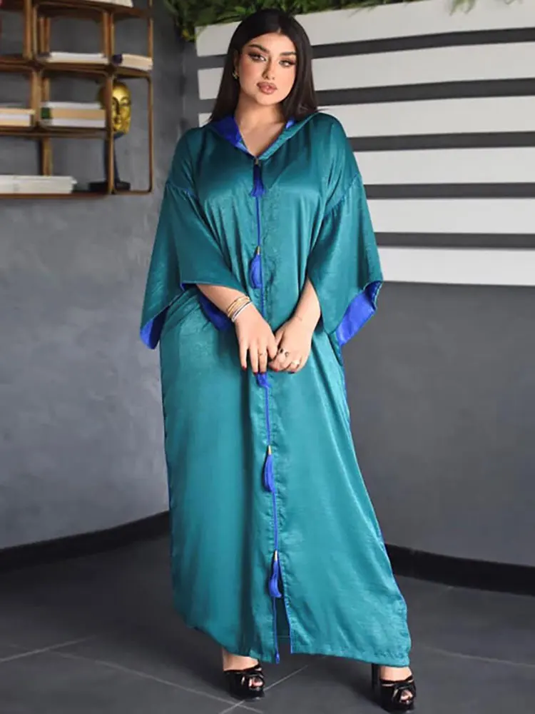 

Tassel Hooded Robe Arabic Long Dress Women Satin Party Jalabiya Raglan Sleeve Muslim Morocco Kaftan Djellaba Dubai Islamic Abaya