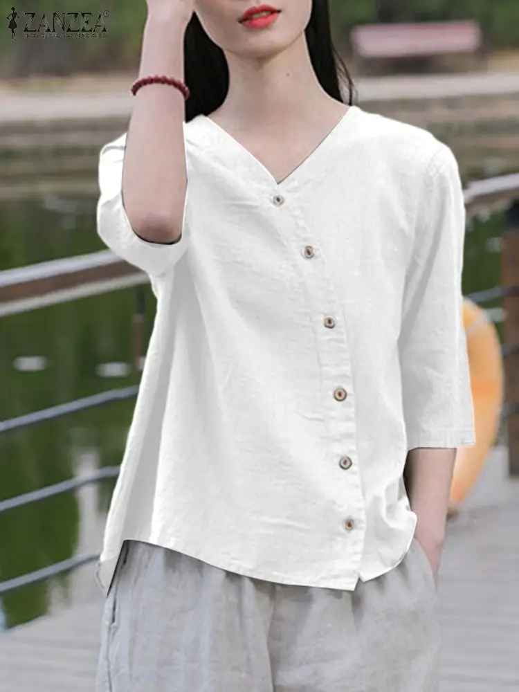 

Women V Neck 3/4 Sleeve Blouse 2023 ZANZEA Summer Vintage Casual Loose Cotton Shirt Female Tunic Tops Work Blusas Chemise Mujer