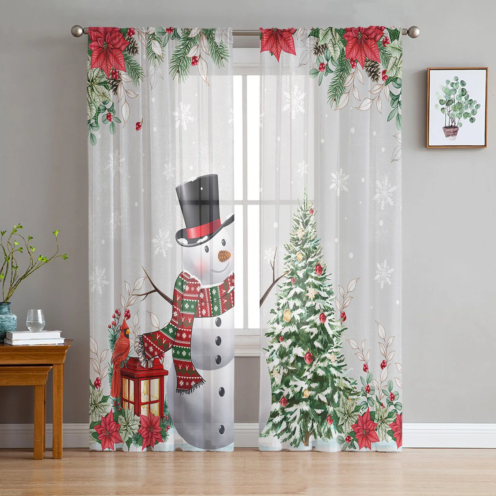 

Рождественская елка, ягоды, снеговик, шифоновые прозрачные шторы для гостиной, спальни, кухни, украшение на окна, занавески из тюля