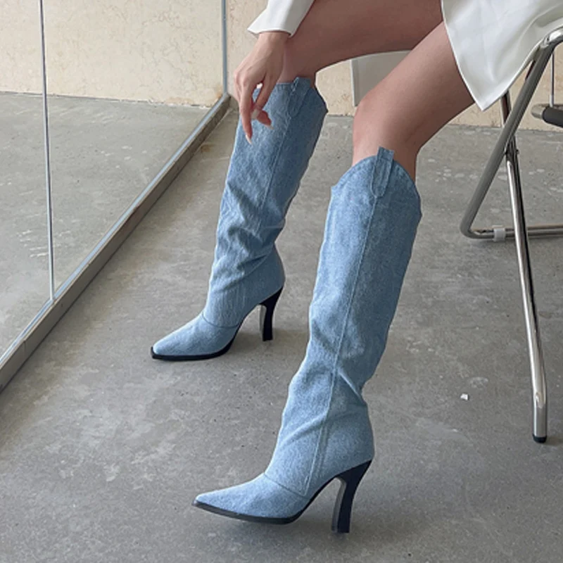 

Liyke Western Style Blue Denim Knee High Cowboy Boots For Women Sexy Pointed Toe Slip-On Square Heel Ladies Cowgirl Booties Shoe