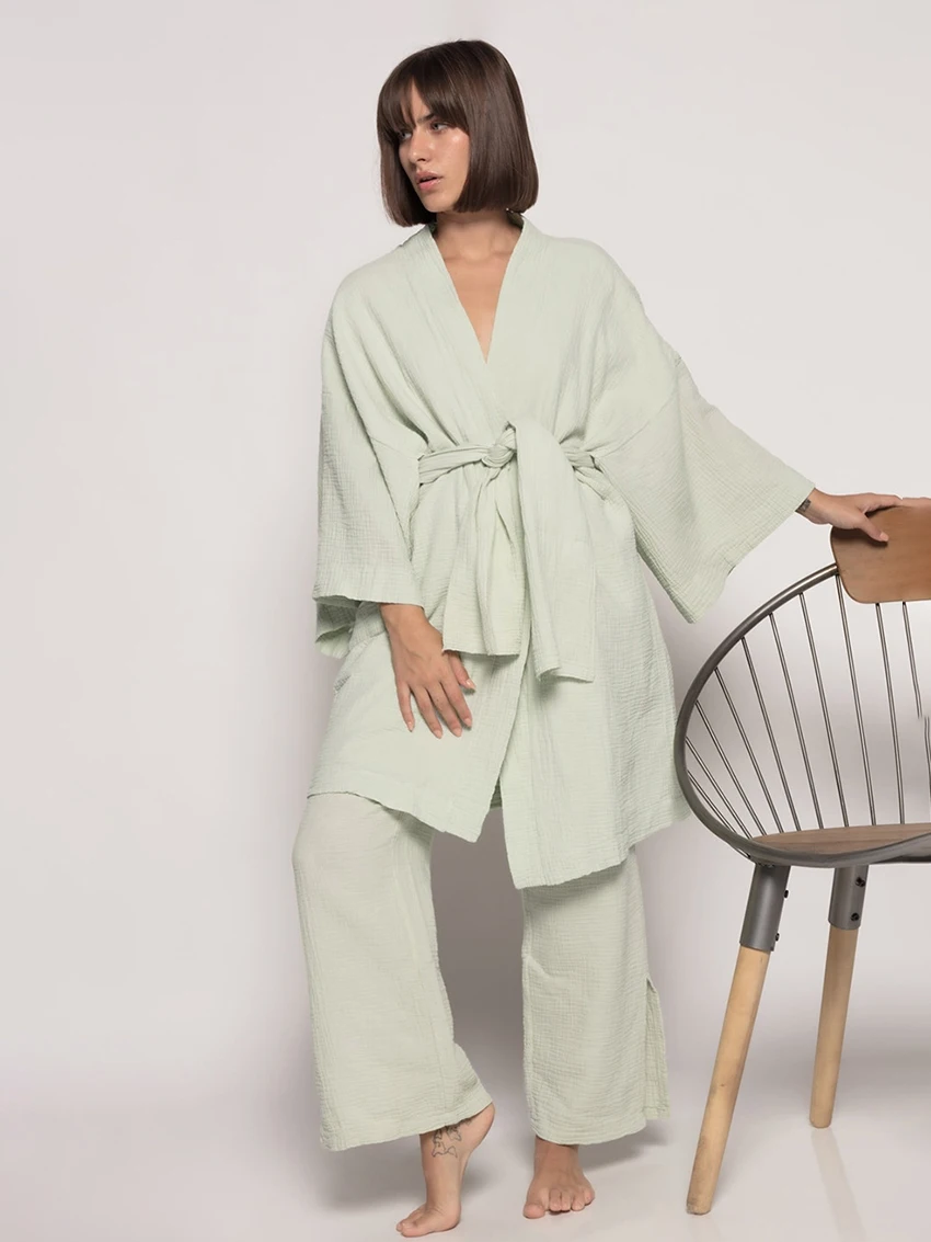 

Marthaqiqi Cotton Femme Nightwear Set Sexy V-Neck Robe Long Sleeve Pajamas Lace Up Nightgowns Wide Leg Pants Loose Nightie Suits