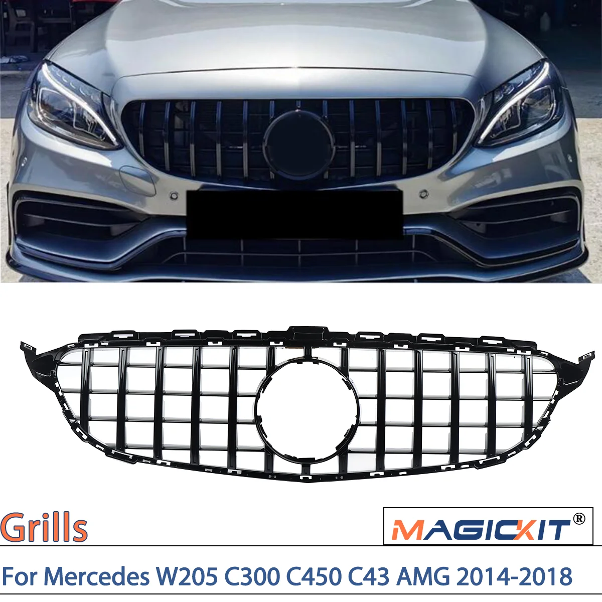 Передняя решетка радиатора для Mercedes W205 C300 C450 C43 AMG 2014-2018 GTR глянцевые черные
