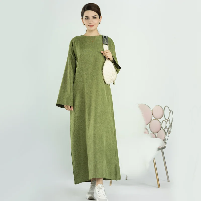 Islam Abaya Dress Solid Color Crewneck Long Sleeves Abayas for Women Loose Casual Robe Femme Musulmane