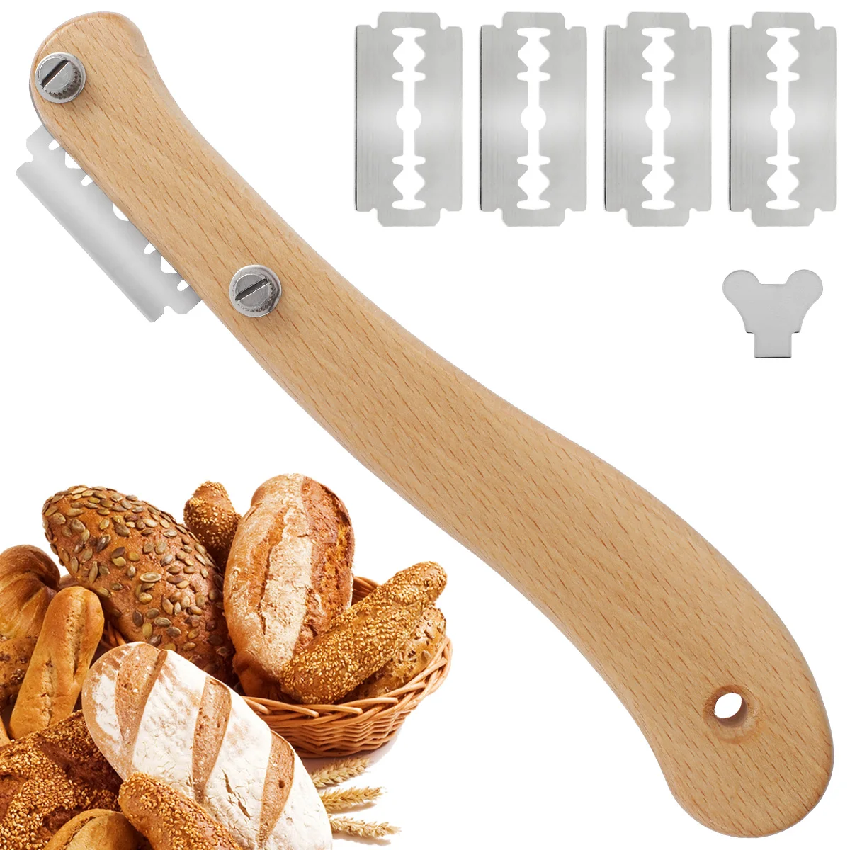 

Инструмент для резки хлеба, набор из нержавеющей стали с деревянной ручкой и 5 сменными лезвиями, резак для хлеба «сделай сам», инструменты д...