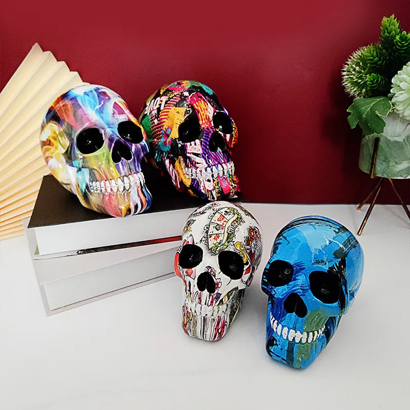 

Colorful Halloween Skull Statues Home Decor Skull Resin Ornament Figurine Living Room Bedroom Office Artwork Decor Sculpture