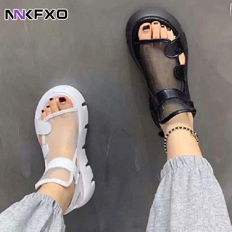 Sandals Women Summer New Fashion Thick-bottomed Breathable Eugene Yarn Mesh Magic Paste Roman Sandals Hook & Loop AD1255
