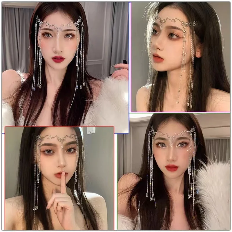 

Luxury Layered Fashion Face Veil Curtain Forehead Hair Ornament Jewelry Shiny Head Chain Rhinestone Tassel Water Drop Crystal
