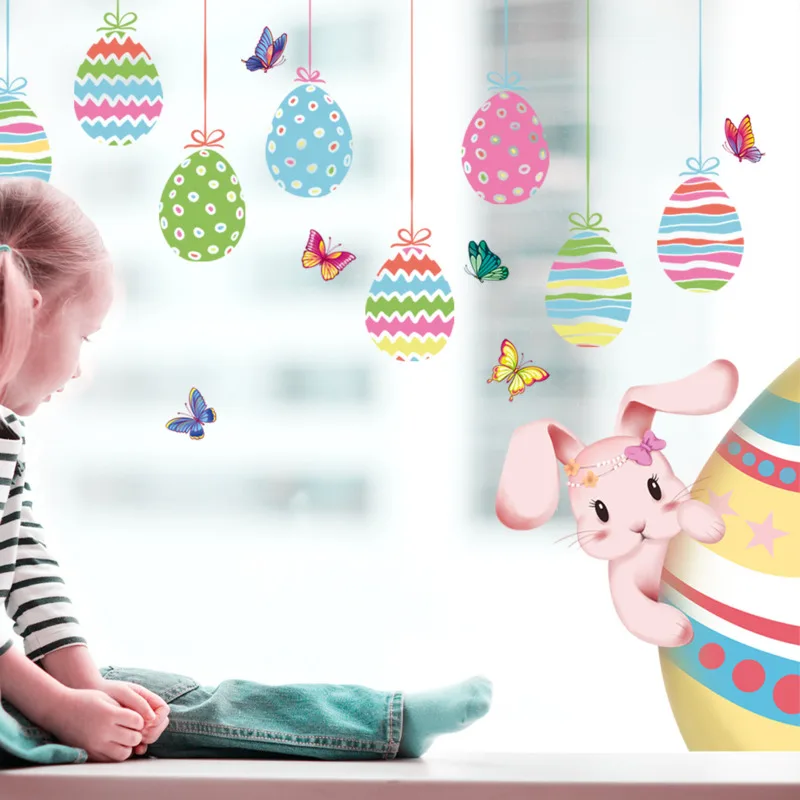 

Пасхальное яйцо, кролик, наклейка на стекло, цветная креативная Электростатическая Наклейка на окно, двойная деталь, декоративные наклейки ...