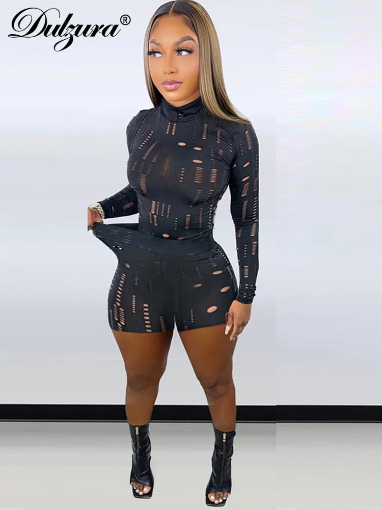

Dulzura 2022 Summer Women 2 Piece Set Long Sleeve High Neck Cut Out T Shirt Biker Shorts Suit Hollow Out Tracksuit Outfits Coord