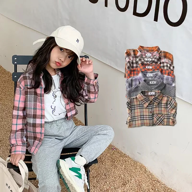 

Рубашки с начесом для мальчиков и девочек, повседневная куртка с длинным рукавом, рубашки в клетку, удобная модная трендовая одежда, весна ...