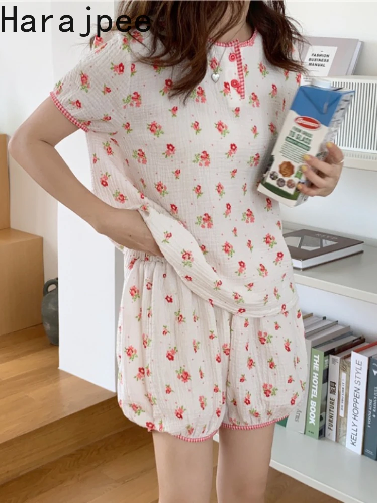 

Harajpee Cotton Printing Pajamas Summer New Japanese Style Sweet Loose Sleepwear Short Sleeve Top + Shorts 2 Piece Set Homewear