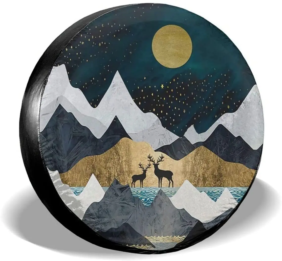 

cozipink Mountains Moon Nature Lake Landscape Deer Spare Tire Cover Weatherproof Vintage Starry Sky