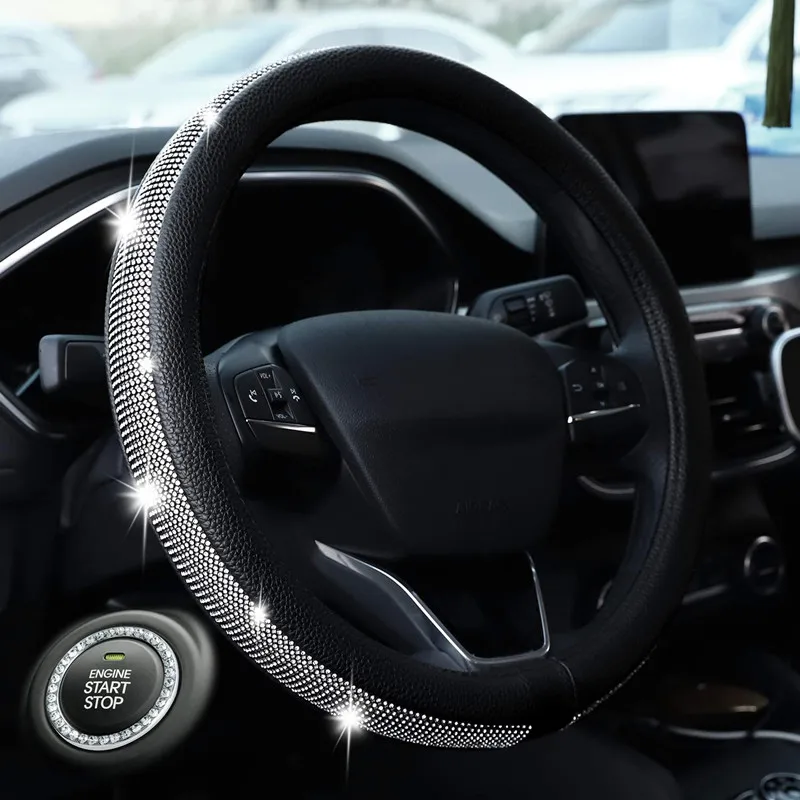 

Premium Super Girly Diamond Steering Wheel Cover with Crystal Rhinestones Universal Size 15 Inch Anti-Slip Leather PU