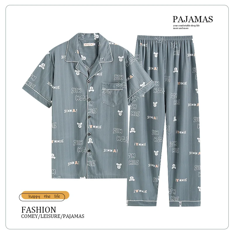Men's Pajamas Summer Short Sleeve Pants Cardigan Pajamas Loose Large Home Clothes Two-piece Suit