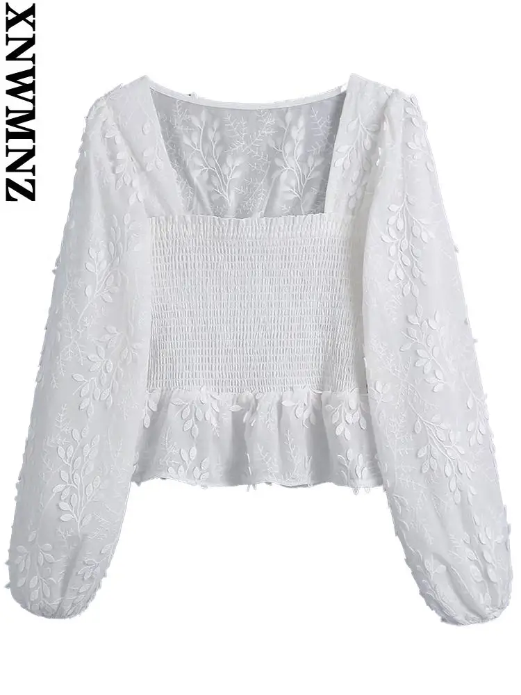 

XNWMNZ blusas Women White fashion three-dimensional flower gathered cropped blouses vintage long sleeve fitted female chic tops