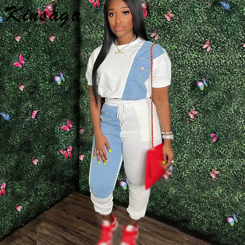 

Женский джинсовый костюм с карманами, повседневный пуловер с коротким рукавом и брюки-карго на шнуровке