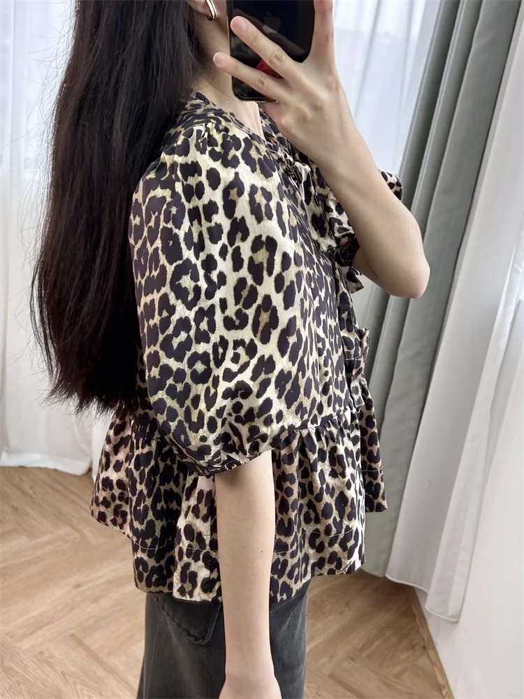Женская винтажная рубашка с леопардовым принтом хлопковый топ на шнуровке