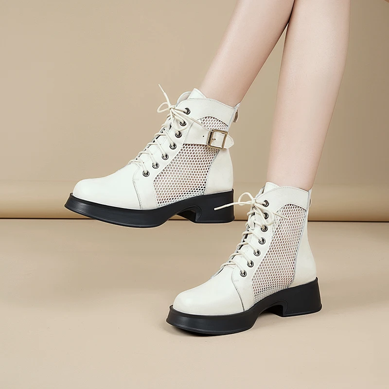 Women Summer Cool Boots Genuine Leather Fashion Women Short Boots Hollow Mesh British Style Large Size Mesh Boots For Women