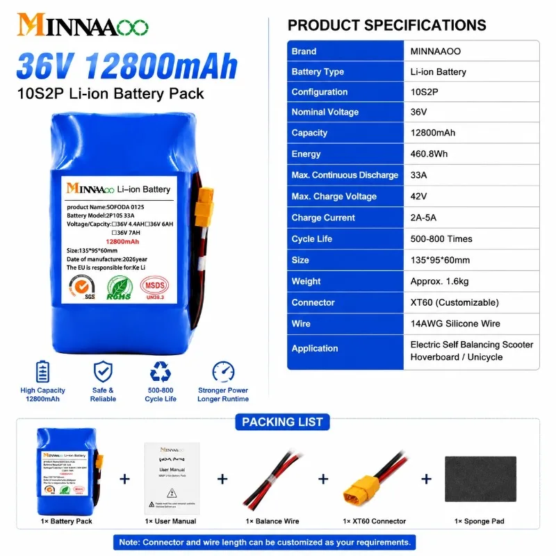 Фото Литиевая аккумуляторная батарея MINNAAOO 36В 12800мАч 10S2P 18650 Li-ion с BMS для гироскутера, электросамоката, моноколеса №1