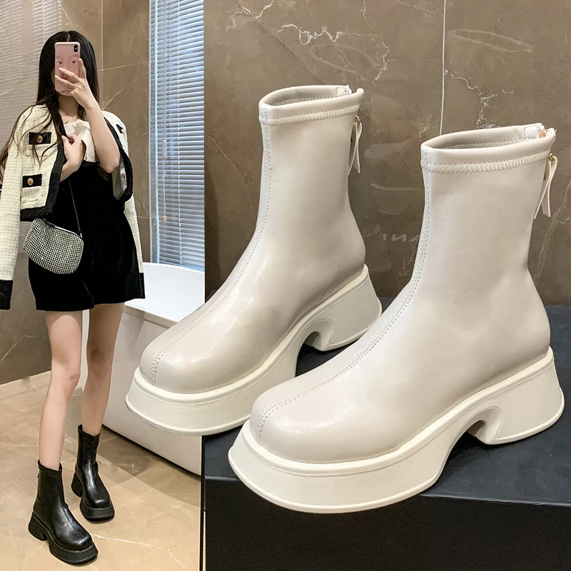 

New 2022 Autumn Winter Women Boots Shoes Cow Patent Leather High Heels Platform Black Beige Shoes Woman Dress Party Office Boots
