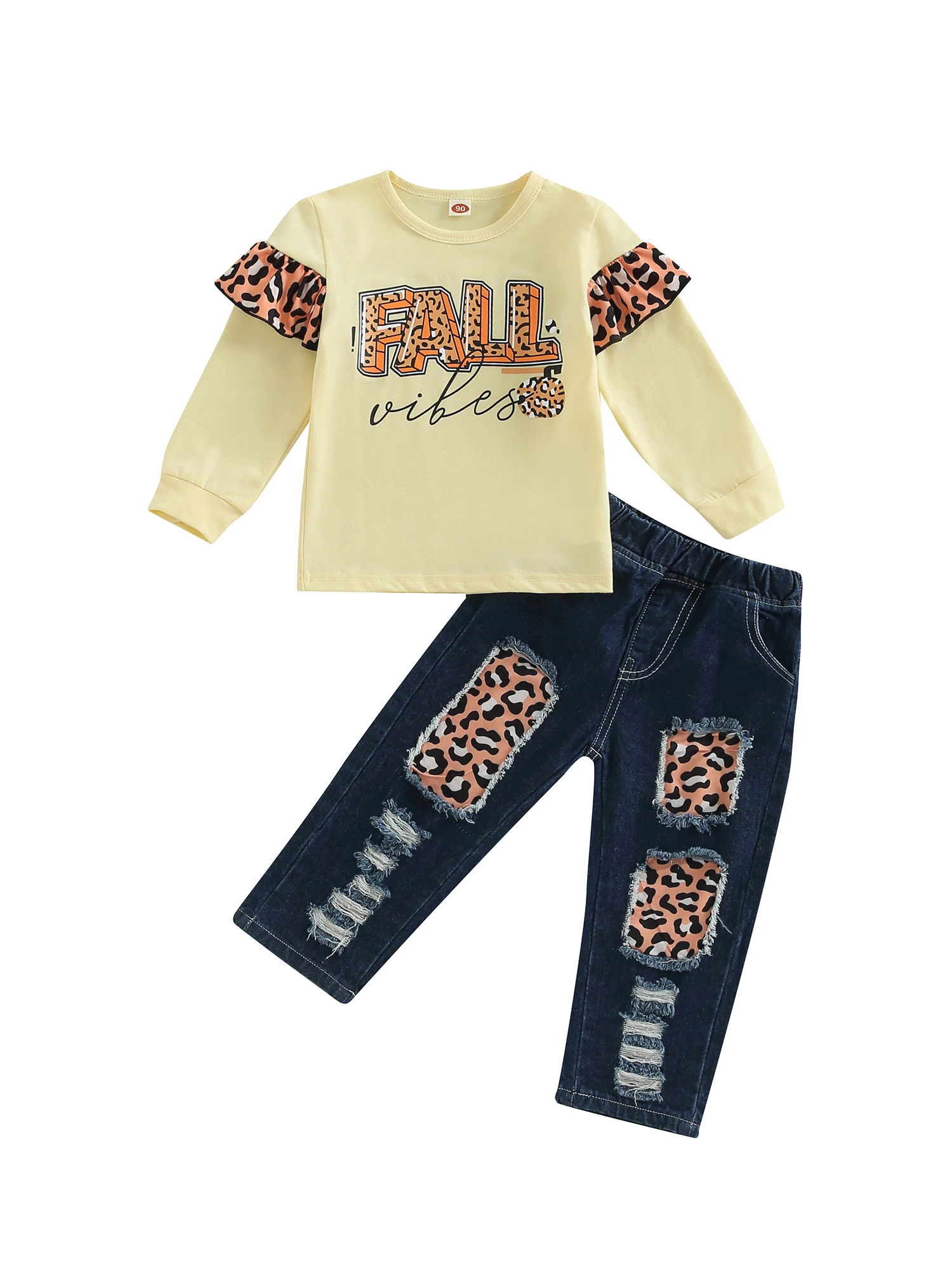 

Kids Toddler Girls Long Sleeve Fall Vibes T-shirt Tops Leopard Patchwork Ripped Denim Pants Outfits Set