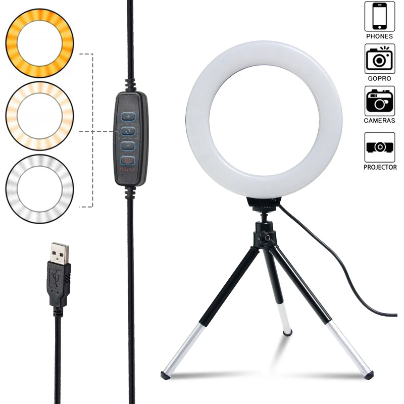 

16Cm Photography Fill Lighting Phone Ringlight Tripod Stand Photo Led Selfie Usb Charge Dimmable Ring Light Lamp Youtube Live