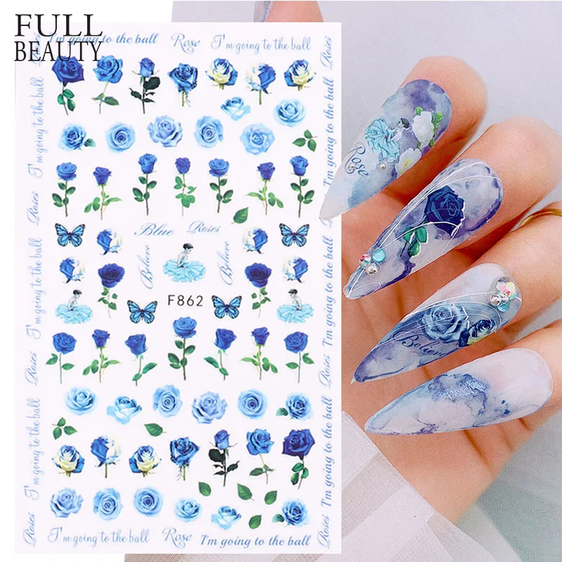 3D Blue Rose Nail Stickers Floral Nail Design Pink Red Flower French Manicure Adhesive Sliders Wedding Nail Art Decor CHF854-863