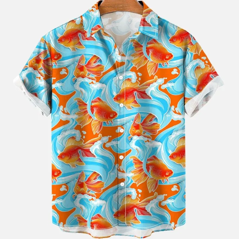 3D Men's Floral Casual Social Summer Hawaiian Short Sleeve Shirt Street Koi Carp Luxury Blouse Outdoor Clothes Top Fit Camisa images - 6