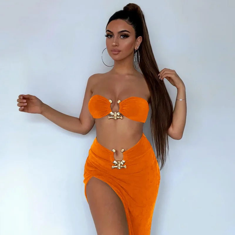 6 Colors Bikini Suit Women's Solid Sexy Prom Slit Hip Wrap Skirt Party Beach Skirt Open Navel Bra Two Piece Set