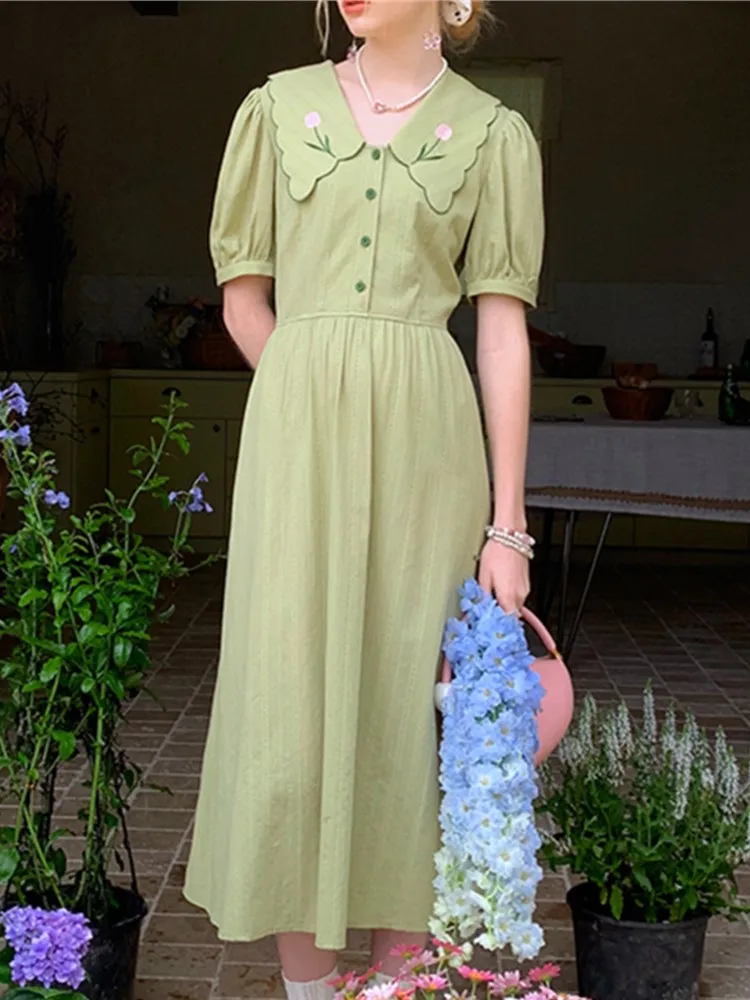 

Women Elegant Summer 2022 New Midi Dress Ladies Fashion Casual Green Vestidos Female French Style Holiday Clothes