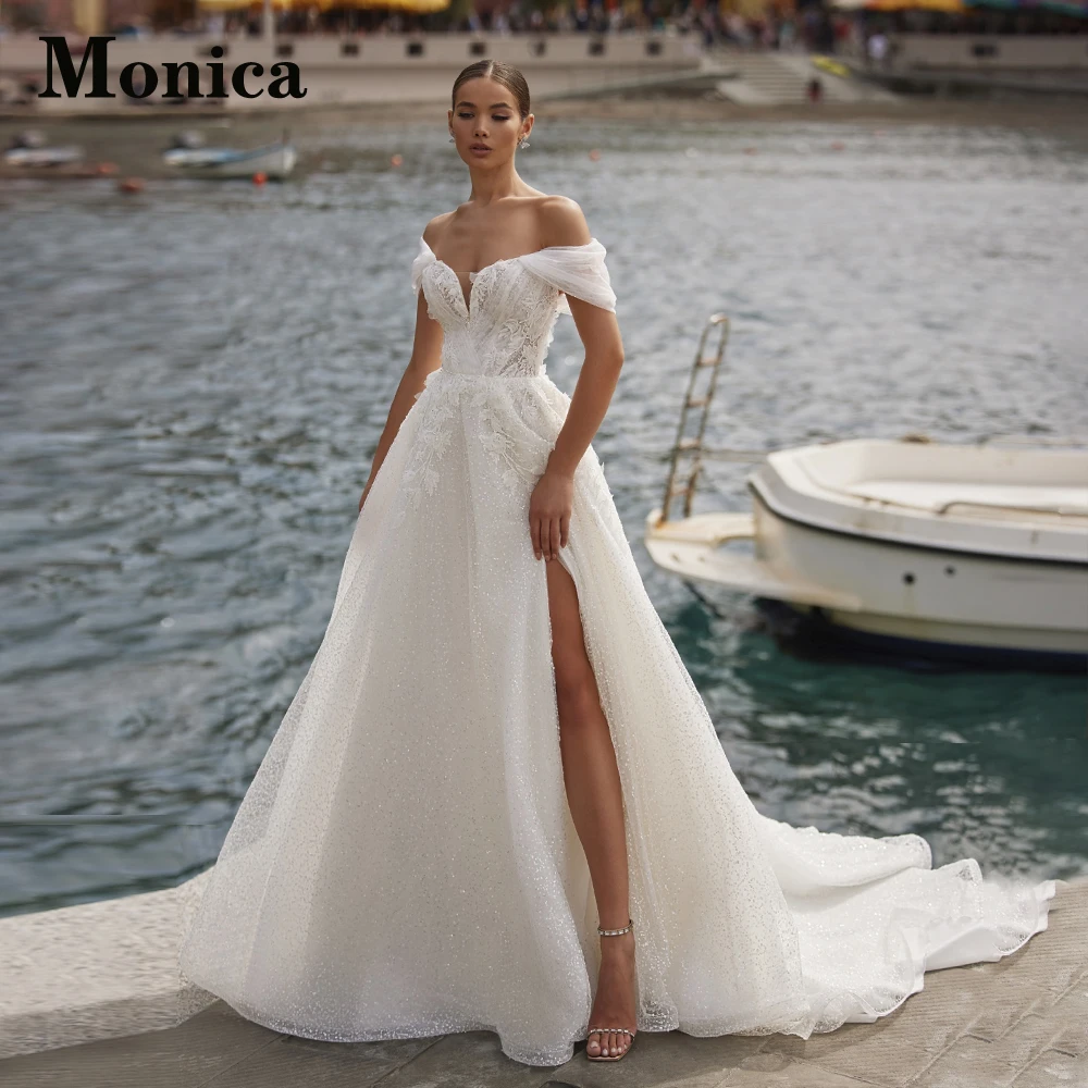 

MONICA Slit Modern Wedding Gown For Bride Off The Shoulder Appliques Sparkly Backless Lace Up V-Neck Court Train A-LINE Tulle