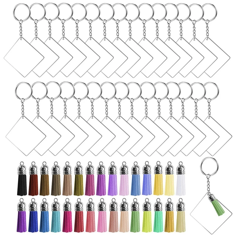 

90pcs Acrylic Transparent Circle Discs Key Chains Kit Clear Square Keychain Blanks with Pendant Keyring for DIY Projects