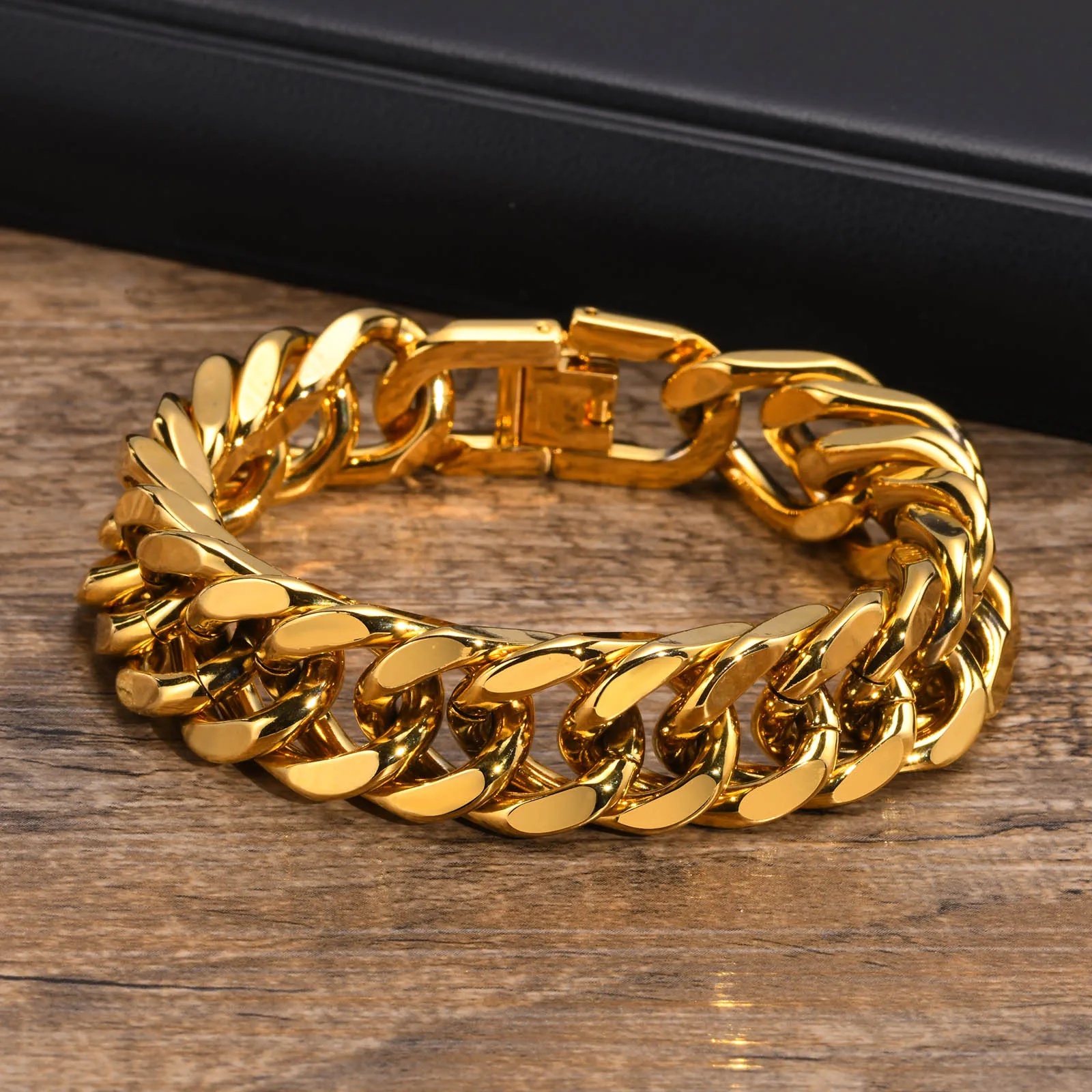 

Men Gold Color Cuban Chain Bracelet, 15mm Wide Waterproof Stainless Steel Link Wristband Gift Jewelry, 19cm /21.5cm