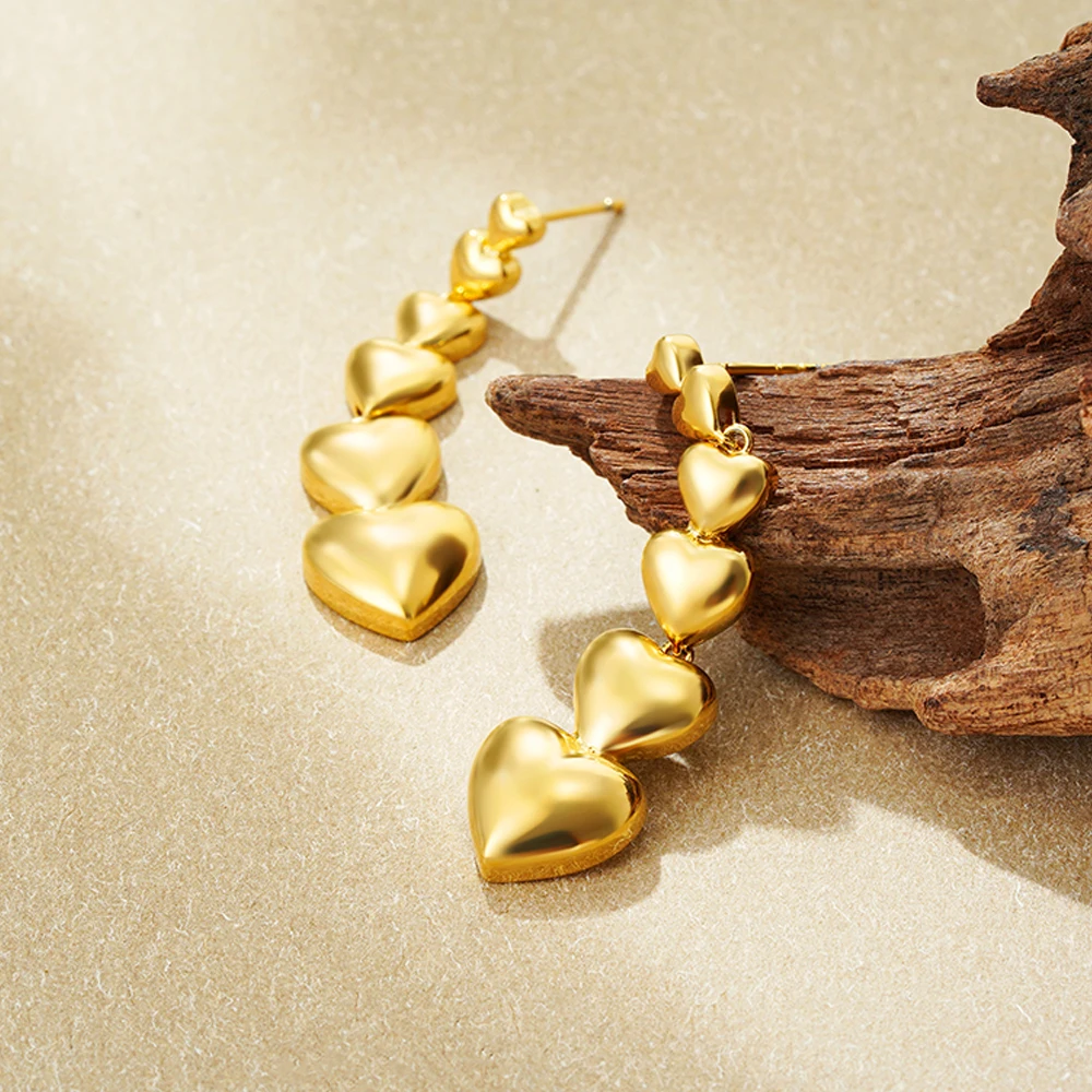 Элегантные длинные массивные висячие серьги в форме сердца любви позолоченные
