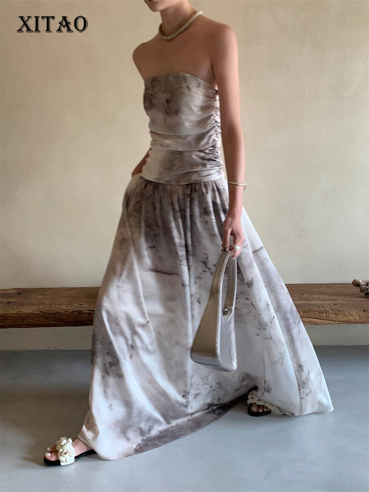 

XITAO/платье без бретелек с принтом; Элегантное плиссированное платье в повседневном стиле с изображением Богини; Коллекция 2023 года; Летнее пл...