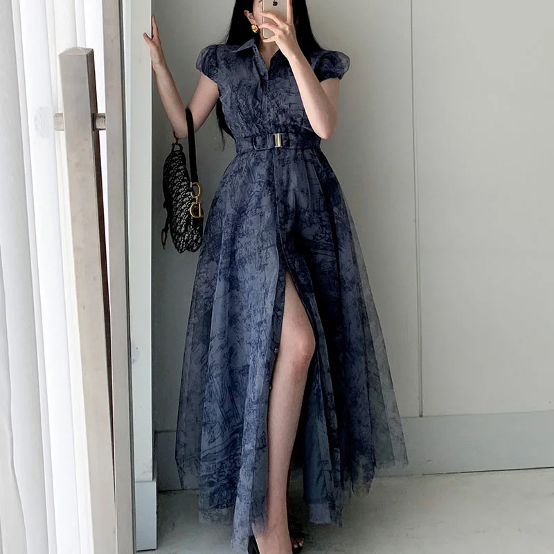 Женское однобортное платье, корейское шикарное Сетчатое платье с разрезом и чернилами, осень 2023, X331